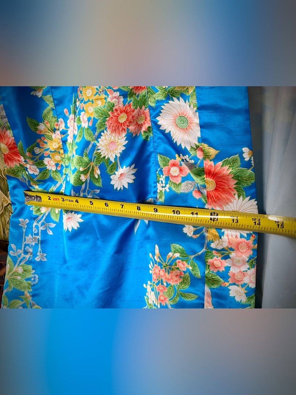 Vintage 70s I. Magnin Floral Kimono Robe Blue Satin Dressing Gown Made in Japan - Picture 12 of 14